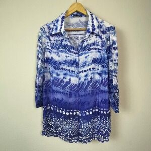 David Cline Blue White Tie Dye Batik Crinkle Roll Tab Button Down Shirt XL